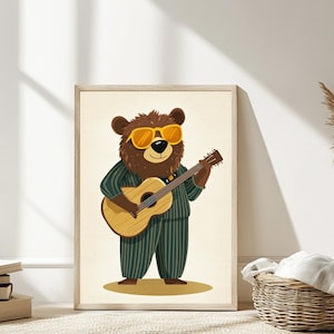 Retro Guitar Bear Print Cool Animal Nursery Poster Boys Room Musical Bear Art Kids Wall Decor Instant Download Digital Artwork
