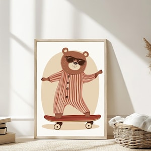 Skateboarding Bear Nursery Print Whimsical Boho Kids Room Decor Playful Animal Wall Art Retro Instant Download Poster