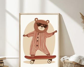 Barnrumstryck med skateboardbjörn: Boho väggkonst för barnrum (digital nedladdning)