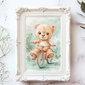 La impresión artística de pared vintage para guardería de osito de peluche es un regalo perfecto para baby shower y una encantadora decoración de guardería de osito para habitación de niños. Arte vintage para guardería.
