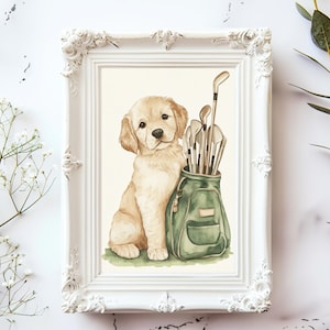 Golden Retriever Art Golf Nursery Prints Vintage Golf Wall Decor Digital Download Dog Art Gift For Golfer Watercolor Puppy Nursery Print
