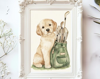 Golden Retriever Golf Art Print: Vintage Puppy Nursery Decor (Digital Download)
