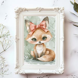 Fox Painting Printable Cute Coquette Room Decor Green Girls Room Art Cottagecore Nursery Farm Baby Decor Playroom Wall Art Fox Print