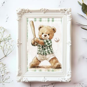 Baseball nursery art playroom decor toddler sport room teddy bear nursery sage green wall art boy sports room bear nursery prints poster