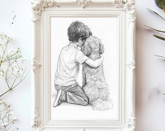 Vintage print jongen en hond: boerderij kinderkamer muurkunst (digitale download)