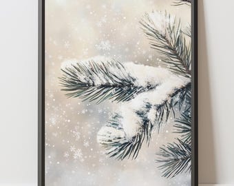 May include: A framed print featuring a close-up of a snow-covered evergreen branch. The needles are a deep green, contrasted by the white snow. The background is a soft, blurred image of falling snowflakes, creating a wintery scene.