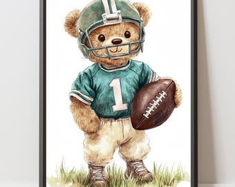 Football Teddy Bear Nursery Print: Quarterback Kid's Room Decor (Digital Download)