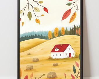 Muurkunst herfstlandschap: gezellige herfst printbaar cottagecore-decor (digitale download)