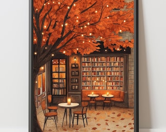 Autumn Coffee Shop Print: Cozy Bookstore Fall Decor (Digital Download)