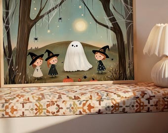 May include: A framed Halloween-themed illustration featuring a friendly ghost and three children in witch hats. The artwork is set in a forest with a full moon, spiders, and spiderwebs. A pumpkin sits at the bottom of the image.