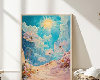 May include: A framed art print showing a sunny landscape with a bright yellow sun, fluffy white clouds, and a path lined with flowers. The artwork uses a light colour palette with shades of blue, pink, and yellow. The print is displayed on a beige rug.