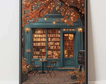 Autumn Bookstore Wall Art: Cozy Fall Coffee Shop Printable Decor (Digital Download)