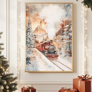 May include: Watercolor painting of a red steam train traveling through a snowy forest towards a castle. The artwork is framed in a light wood frame and is decorated with Christmas lights and a Christmas tree.