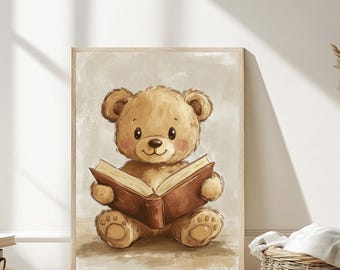 Teddy Bear Reading Book Nursery Art Print: Vintage Playroom Decor (Digital Download