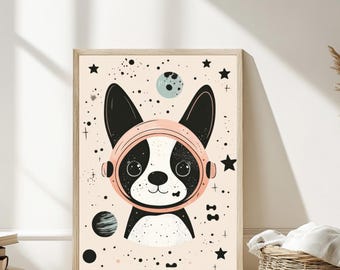 Stampa Space Dog: decorazione per la cameretta dei bambini, arte per la cameretta dei bambini (download digitale)