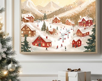 Vintage Winter Village Print: Snowy Landscape Wall Art Cozy Farmhouse Holiday Decor (Digital Download)