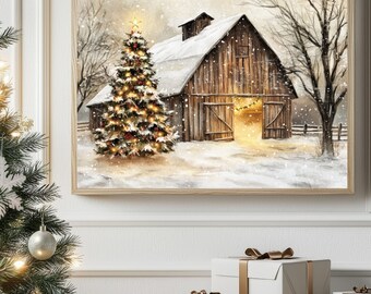 Rustic Christmas Barn Art: Farmhouse Winter Scene Wall Decor (Digital Download)