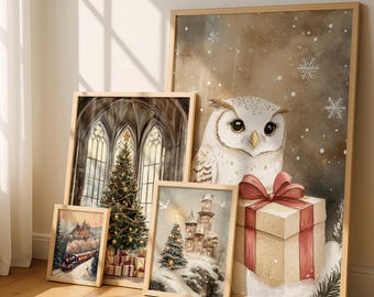 Wizard Christmas Poster Set: Vintage Magic Castle, Owl, Train (Digital Download)