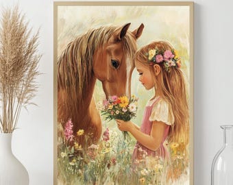impression de chambre de bébé cheval vintage : fille et fleurs sauvages, décoration de ferme rustique (téléchargement numérique