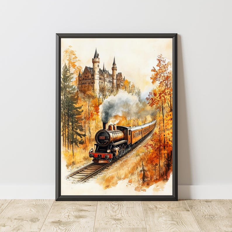 This is a wizard inspired set of 4 prints featuring a castle, a steam train, an owl, and a stack of books with a magic hat. A cozy magic wall art collection that brings a touch of fantasy and warm autumn tones into your home. Perfect as wizard room decor, magic school prints, or a unique wall set for kids and adults who love wizarding style. Easy to download and print in different sizes for your gallery wall or seasonal home decor.