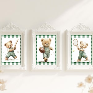 Teddy Bear Sports Nursery Prints: Vintage Gingham Wall Art (Set of 3) (Digital Download)