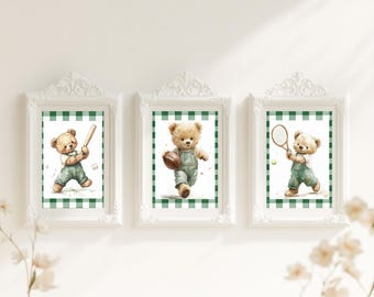 Teddy Bear Sports Nursery Prints: Vintage Gingham Wall Art (Set of 3) (Digital Download)