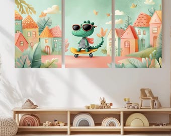 Lámina artística de monopatín de cocodrilo / Decoración para habitación de bebé niño (Descarga digital)
