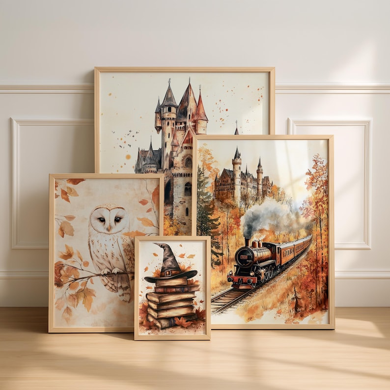 This is a wizard inspired set of 4 prints featuring a castle, a steam train, an owl, and a stack of books with a magic hat. A cozy magic wall art collection that brings a touch of fantasy and warm autumn tones into your home. Perfect as wizard room decor, magic school prints, or a unique wall set for kids and adults who love wizarding style. Easy to download and print in different sizes for your gallery wall or seasonal home decor.