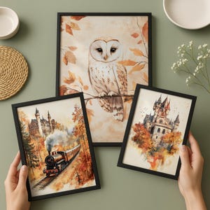 This is a wizard inspired set of 4 prints featuring a castle, a steam train, an owl, and a stack of books with a magic hat. A cozy magic wall art collection that brings a touch of fantasy and warm autumn tones into your home. Perfect as wizard room decor, magic school prints, or a unique wall set for kids and adults who love wizarding style. Easy to download and print in different sizes for your gallery wall or seasonal home decor.