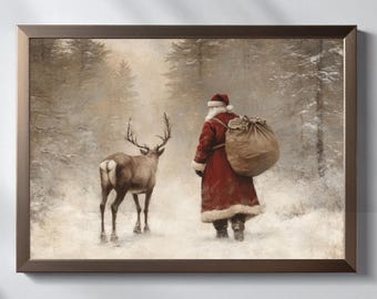 Lámina vintage de Papá Noel: Escena invernal con renos, arte antiguo, decoración del viejo mundo (Descarga digital)