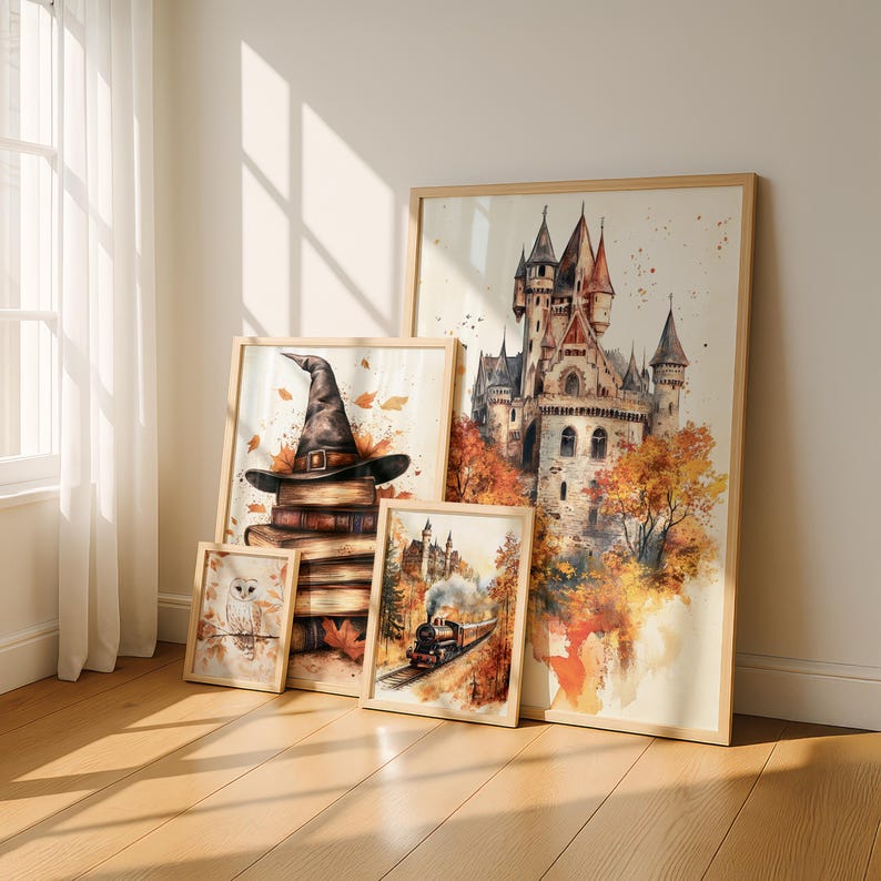 This is a wizard inspired set of 4 prints featuring a castle, a steam train, an owl, and a stack of books with a magic hat. A cozy magic wall art collection that brings a touch of fantasy and warm autumn tones into your home. Perfect as wizard room decor, magic school prints, or a unique wall set for kids and adults who love wizarding style. Easy to download and print in different sizes for your gallery wall or seasonal home decor.