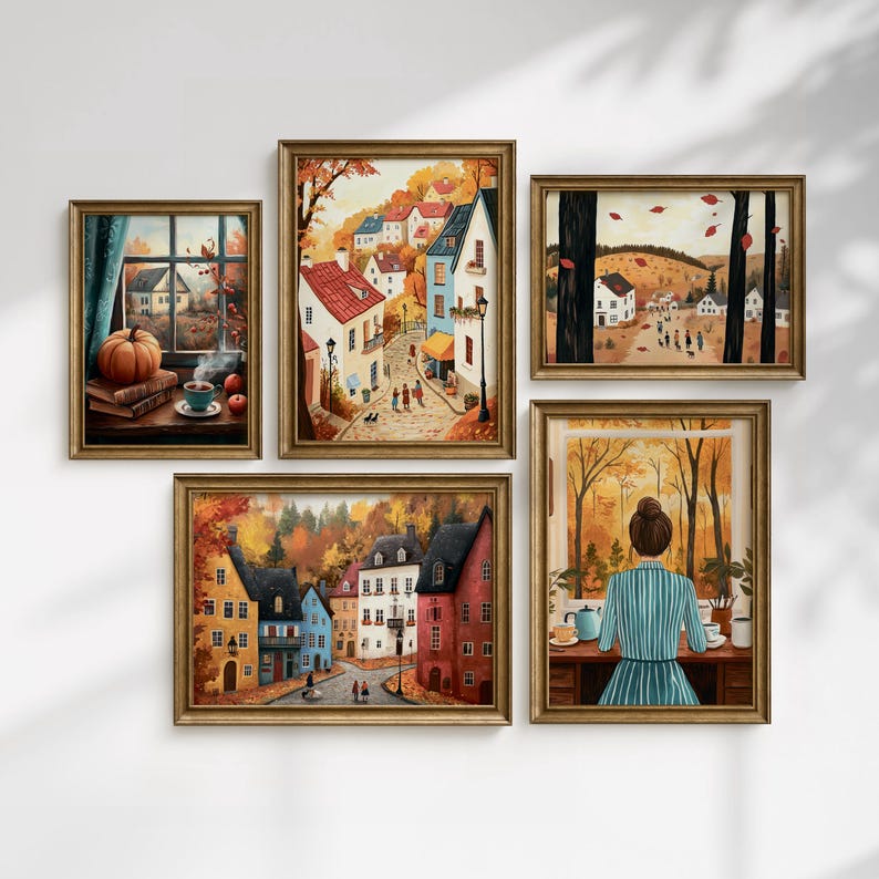 This Fall Tone Village Wall Art Set of 8 captures the warmth of autumn villages, cozy pumpkin details, and rustic seasonal streets. Each print features soft fall tones, autumn foliage, and charming scenes that bring a welcoming and nostalgic atmosphere into any space.

Perfect as Cozy Autumn Wall Art, Harvest Season Decor, Thanksgiving Wall Art, Rustic Fall Home Decor, and Autumn Village Scene Prints, this set is ideal for living rooms, kitchens, or entryways.