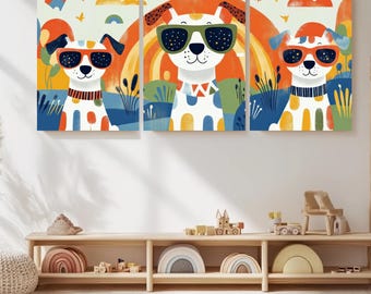 May include: A set of three colorful canvas art pieces featuring cartoon dogs wearing sunglasses. Each dog has a unique design, set against a backdrop of a rainbow, clouds, and foliage. The artwork is vibrant and suitable for a child's room.