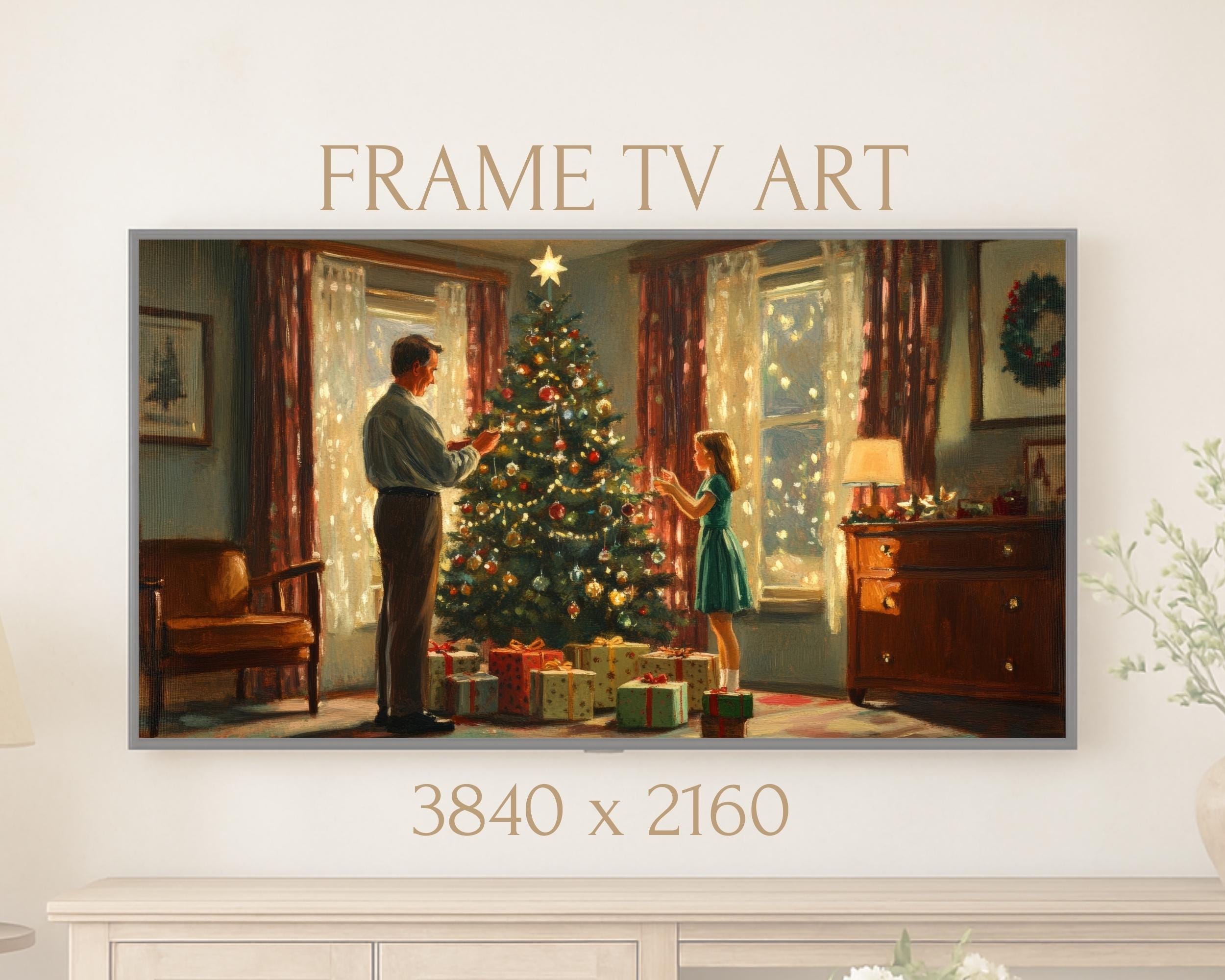 古いクリスマスシーンのフレーム付きテレビアート：ヴィンテージツリー