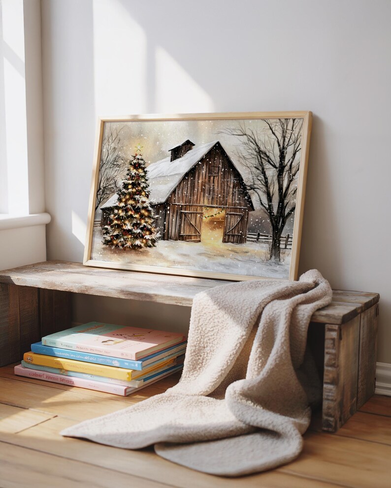 Rustic Christmas Barn Art: Farmhouse Winter Scene Wall Decor (digital ...