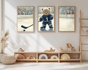 Hockey Bear Print Set: Winter Nursery Decor, Skating Teddy Bear (Digital Download)