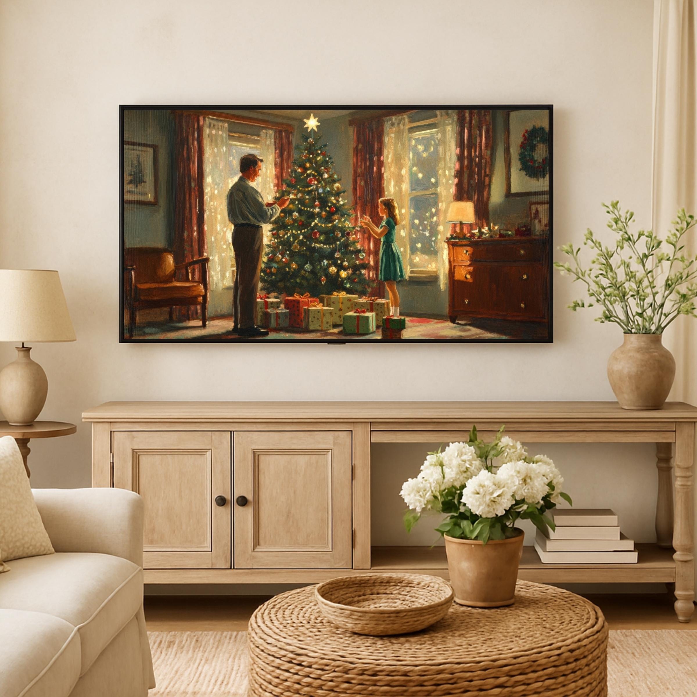 古いクリスマスシーンのフレーム付きテレビアート：ヴィンテージツリー