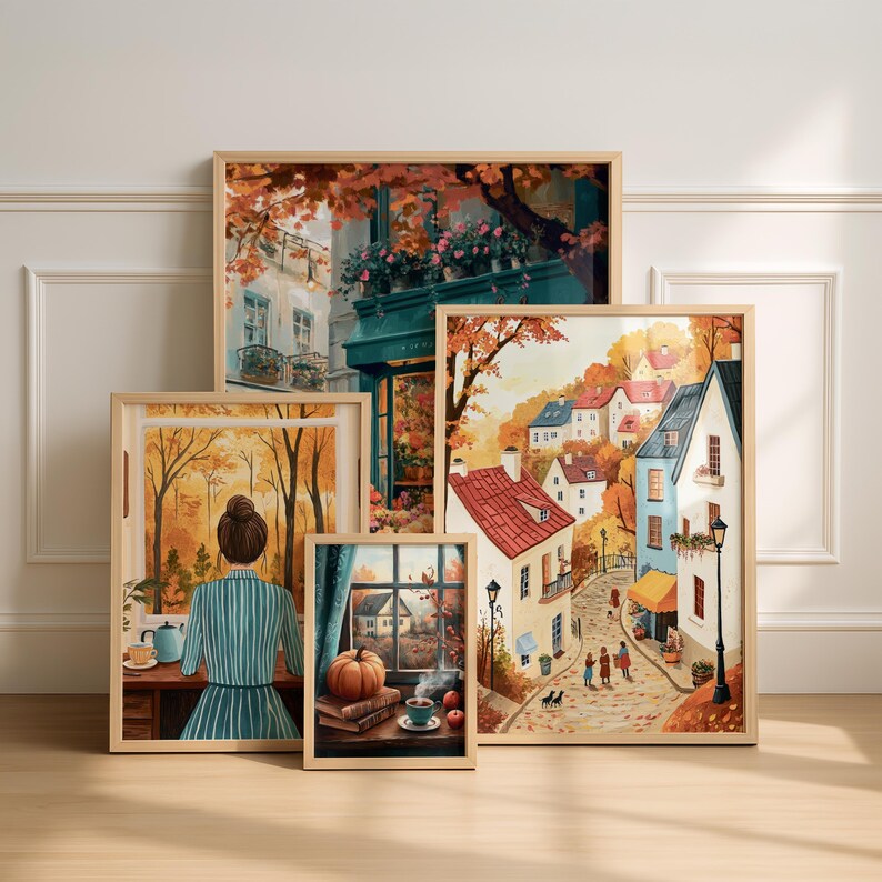 This Fall Tone Village Wall Art Set of 8 captures the warmth of autumn villages, cozy pumpkin details, and rustic seasonal streets. Each print features soft fall tones, autumn foliage, and charming scenes that bring a welcoming and nostalgic atmosphere into any space.

Perfect as Cozy Autumn Wall Art, Harvest Season Decor, Thanksgiving Wall Art, Rustic Fall Home Decor, and Autumn Village Scene Prints, this set is ideal for living rooms, kitchens, or entryways.