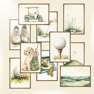 Vintage Golf Nursery Wall Art Set of 10 Prints Golden Retriever Poster Boy Sports Room Decor Sage Green Gallery Prints Playroom Golf Art