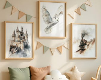 Wizard Nursery Art Prints: Owl, Castle, Train (Digital Download)