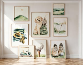 Vintage Golf Nursery Art Prints: Golden Retriever Sports Decor (Set of 10) (Digital Download)