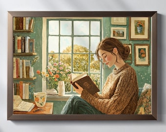 May include: A framed print depicts a person reading a book by a window. The scene includes a bookshelf, flowers, and artwork on the wall. The person is wearing a brown sweater and jeans. The artwork is in a brown frame.