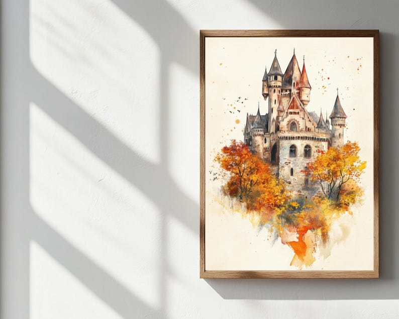This is a wizard inspired set of 4 prints featuring a castle, a steam train, an owl, and a stack of books with a magic hat. A cozy magic wall art collection that brings a touch of fantasy and warm autumn tones into your home. Perfect as wizard room decor, magic school prints, or a unique wall set for kids and adults who love wizarding style. Easy to download and print in different sizes for your gallery wall or seasonal home decor.
