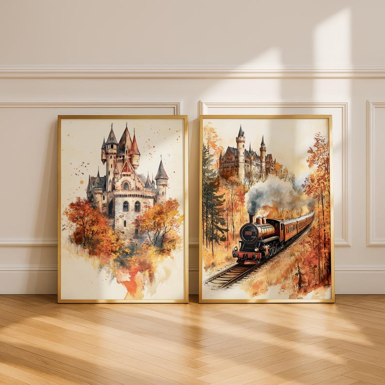 This is a wizard inspired set of 4 prints featuring a castle, a steam train, an owl, and a stack of books with a magic hat. A cozy magic wall art collection that brings a touch of fantasy and warm autumn tones into your home. Perfect as wizard room decor, magic school prints, or a unique wall set for kids and adults who love wizarding style. Easy to download and print in different sizes for your gallery wall or seasonal home decor.