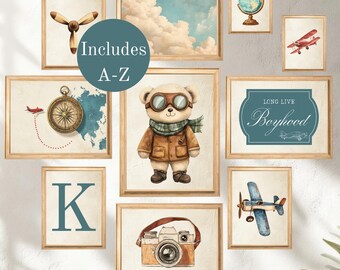 Flugzeug Kinderzimmer Drucke: Vintage Luftfahrt, Teddy Bär Galeriewand (Digitaler Download)