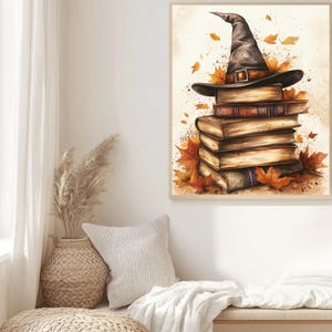 This is a wizard inspired set of 4 prints featuring a castle, a steam train, an owl, and a stack of books with a magic hat. A cozy magic wall art collection that brings a touch of fantasy and warm autumn tones into your home. Perfect as wizard room decor, magic school prints, or a unique wall set for kids and adults who love wizarding style. Easy to download and print in different sizes for your gallery wall or seasonal home decor.