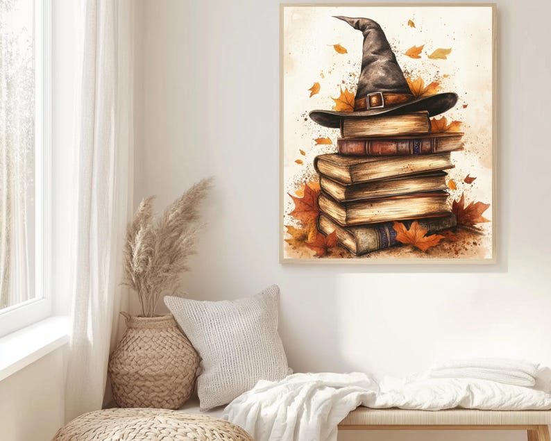 This is a wizard inspired set of 4 prints featuring a castle, a steam train, an owl, and a stack of books with a magic hat. A cozy magic wall art collection that brings a touch of fantasy and warm autumn tones into your home. Perfect as wizard room decor, magic school prints, or a unique wall set for kids and adults who love wizarding style. Easy to download and print in different sizes for your gallery wall or seasonal home decor.