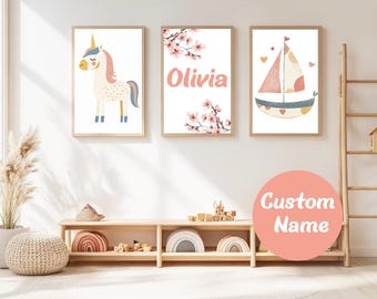 Set di stampe personalizzate con nome per bambina, tema unicorno per la cameretta dei bambini (download digitale)