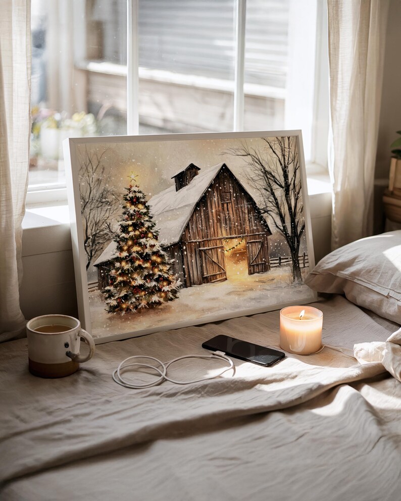 Rustic Christmas Barn Art: Farmhouse Winter Scene Wall Decor (digital ...