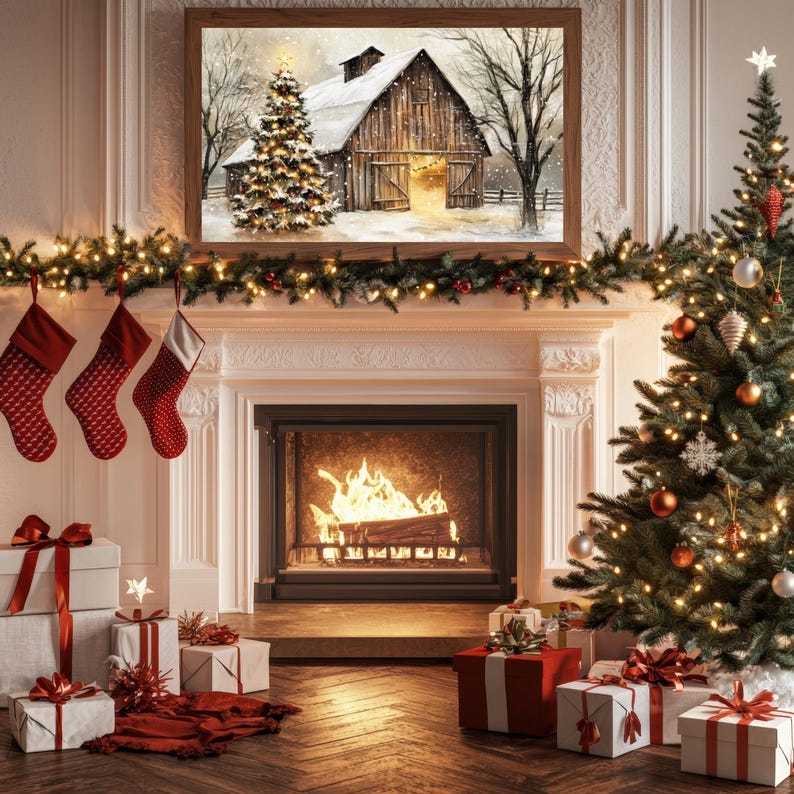 Rustic Christmas Barn Art: Farmhouse Winter Scene Wall Decor (digital ...